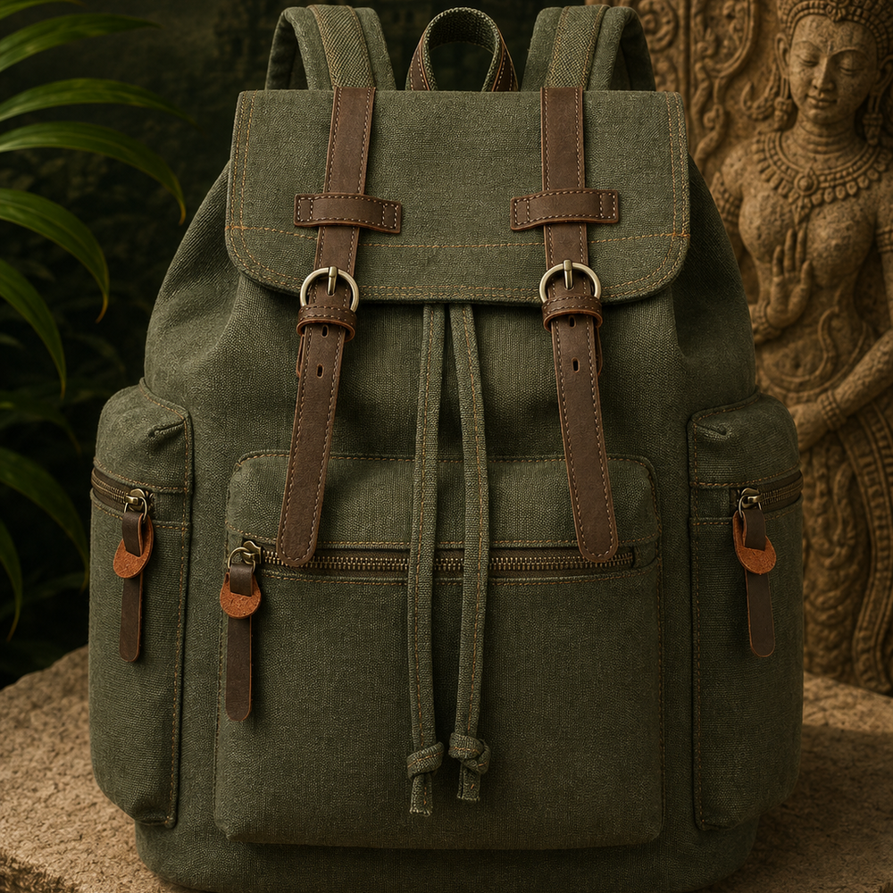 Vintage Leather-Trim Canvas Backpack